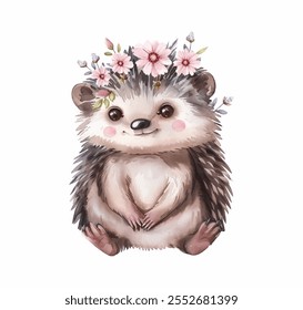 Cute hedgehog adorned with a floral crown vector illustration. The hedgehog is sitting with a happy expression, pink blush on its cheeks and surrounded by delicate flowers and leaves.