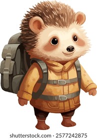 Cute Hedgehog Adventurer in Yellow Jacket with Backpack - Cartoon Illustratio