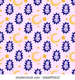 Cute hedgehog among moon and stars. Seamless vector pattern for textile, wrapping paper and other surfaces 
