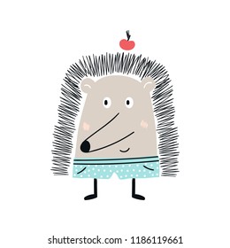 Cute hedgehog animal with apple. Kids hand drawn illustration in scandinavian style. Vector illustration.