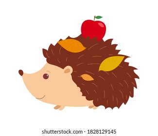 Cute hedgehog with apple and autumn leaves on his back.. Cartoon style. Vector illustration