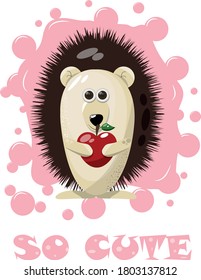 Cute hedgehog with an apple. Cartoon children's theme. Pink background with bubbles. Suitable for washing cards or for printing children's textiles.