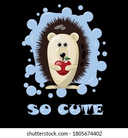 Cute hedgehog with an apple. Cartoon children's theme. Black background with blue bubbles. Suitable for washing cards or for printing children's textiles.