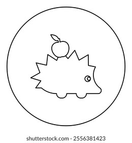 Cute hedgehog with apple icon in circle round black color vector illustration image outline contour line thin style