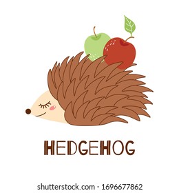 Cute hedgehog with apple isolated on white. Illustration for kids. Wild animal in vector. Hedgehog cartoon style