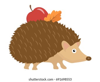 Cute hedgehog with apple and leaf on thorns, icon flat or cartoon style. Isolated on white background. Vector illustration