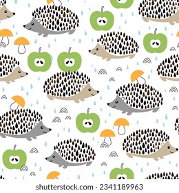 cute hedgehog with apple and mushroom for new born baby seamless pattern