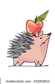 cute hedgehog with an apple on the back