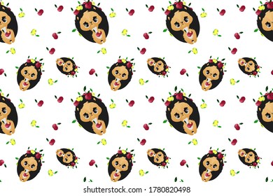 Cute hedgehog with apples seamless pattern. Vector illustration.