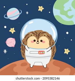 Cute hedgehog astronaut stand on the moon.Cartoon animal character design.Image for kid product,sticker,card, wallpaper.Galaxy.Planet.Star.Moon.Kawaii.Background.Vector.Illustration.