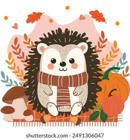 Cute hedgehog with autumn background. Mushroom, pumpkin, leaf, oak. fa