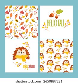 Cute hedgehog autumn collection. "Hello Fall" card and two seamless patterns