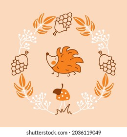 Cute hedgehog and autumn, kids pattern in  scandinavian style. Vector