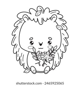 Cute hedgehog with autumn leaves. Vector illustration. Funny outline cartoon kawaii animal character. Line drawing, coloring book. Kids collection