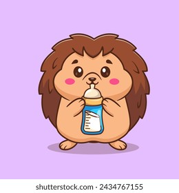 Cute Hedgehog Baby Drinking Milk Cartoon Vector Icon Illustration. Animal Drink Icon Concept Isolated Premium Vector. Flat Cartoon Style