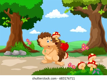 Cute hedgehog with a background of a beautiful garden 