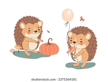 Cute hedgehog with balloon and pumpkins. Vector illustration.