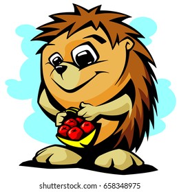 Cute hedgehog with basket of apples vector illustration