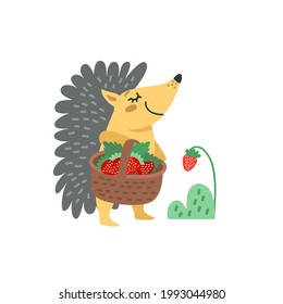 Cute hedgehog with basket of wild strawberry. Happy cartoon character, woodland animal. Hand drawn vector illustration isolated on white. Flat design. Could be used for design kids items, baby clothes