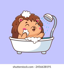 Cute Hedgehog Bathing In Bathtub Cartoon Vector Icon Illustration. Animal Healthy Icon Concept Isolated Premium Vector. Flat Cartoon Style