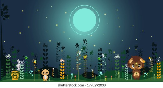 Cute hedgehog, bear and bunny in flowers. Moon on the background.Vector illustration. Wallpaper for kids bed room.