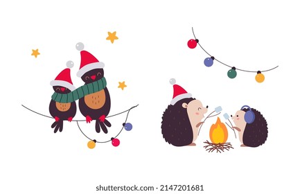 Cute Hedgehog and Birds as New Year Character Sitting on Rope and Frying Marshmallow Vector Set