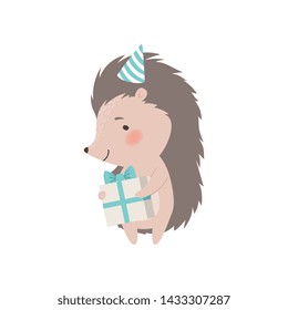 Cute Hedgehog in Birthday Party Holding Gift Box, Adorable Prickly Animal Cartoon Character Vector Illustration