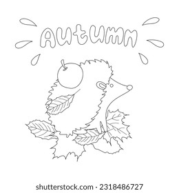Cute hedgehog black stroke line for children's books and coloring pages. An illustration of a hedgehog sitting in leaves with an apple in black and white isolated on a white background.