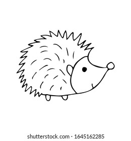 Cute hedgehog black and white doodle illustration on white background. Forest animal with prickly needles vector 