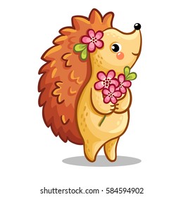 Cute hedgehog with bouquet of flowers. Vector illustration on the theme of love. The animal in the children's style.
