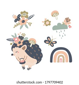 cute hedgehog with bouquet and rainbow set for kids design