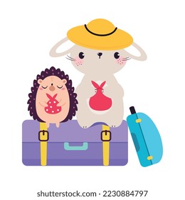 Cute Hedgehog and Bunny Traveler Sitting on Packed Trunk Having Journey on Vacation Vector Illustration