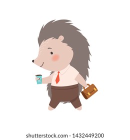Cute Hedgehog Businessman Walking with Briefcase and Cup of Coffee, Adorable Prickly Animal Cartoon Character Vector Illustration