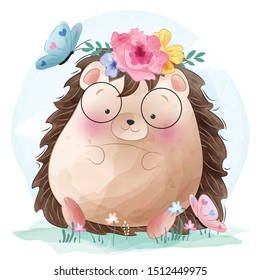 Cute hedgehog and butterflies illustration