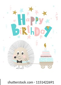 Cute hedgehog with cake. Happy birthday. Greeting card, banner, poster. Vector illustration