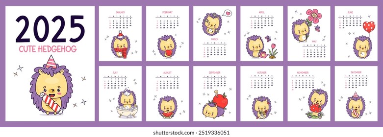 Cute hedgehog calendar 2025. Funny cartoon kawaii animal character. Vertical printable planner organizer. Cover and 12 month pages English. Week from Sunday. Vector illustration. Kids collection