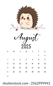 Cute Hedgehog Calendar for August 2025, A charming illustration of a cartoon hedgehog with a playful expression, featured in a calendar layout for August 2025