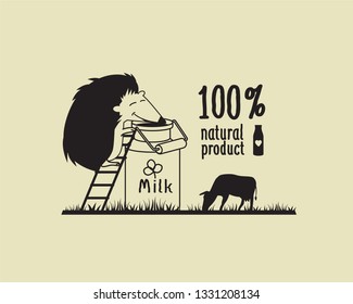 Cute hedgehog with a can of milk. Сow on the grass. Retro cartoon
