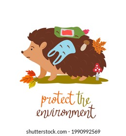 cute hedgehog carries plastic waste on the thorns. hand lettering Protect the environment. environmental protection and ecology concept. vector illustration