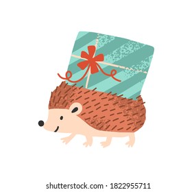 Cute hedgehog carry present or gift box for birthday party. Flat vector cartoon childish illustration of funny animal character isolated on white background