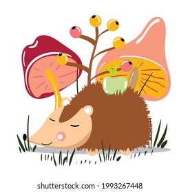 Cute hedgehog carrying an apple on the back in grass. Autumn illustration. Mushrooms. Vector illustration. 