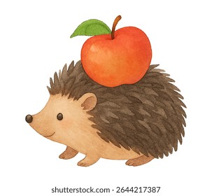Cute hedgehog carrying a bright red apple on its back. Perfect for children's books, nursery prints, whimsical decor, and fall-themed illustrations with a touch of charm.
