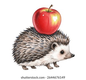 Cute hedgehog carrying a bright red apple on its back. Perfect for children's books, nursery prints, whimsical decor, and fall-themed illustrations with a touch of charm.