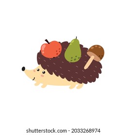 Cute hedgehog carrying fruits. Funny forest character with apple, pear and mushroom isolated element. Fall woodland clipart for kids. Vector illustration