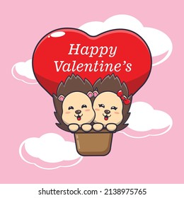 cute hedgehog cartoon character fly with air balloon in valentines day