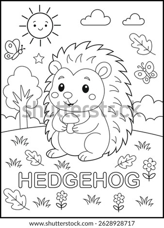 Cute Hedgehog Cartoon Character. Forest Animal Coloring Page for Kids. Educational and Printable Worksheet.