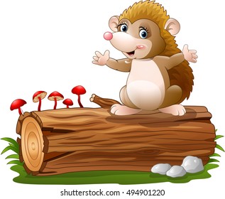 Cute hedgehog cartoon on the tree log