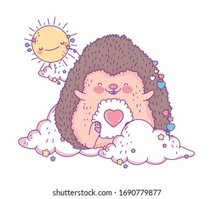 Cute hedgehog cartoon with sun and clouds design, Animal zoo life nature character childhood and adorable theme Vector illustration