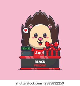 cute hedgehog with cashier table in black friday sale cartoon vector illustration