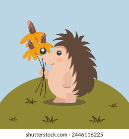 Cute hedgehog character with a bouquet of flowers. Greeting card, vector